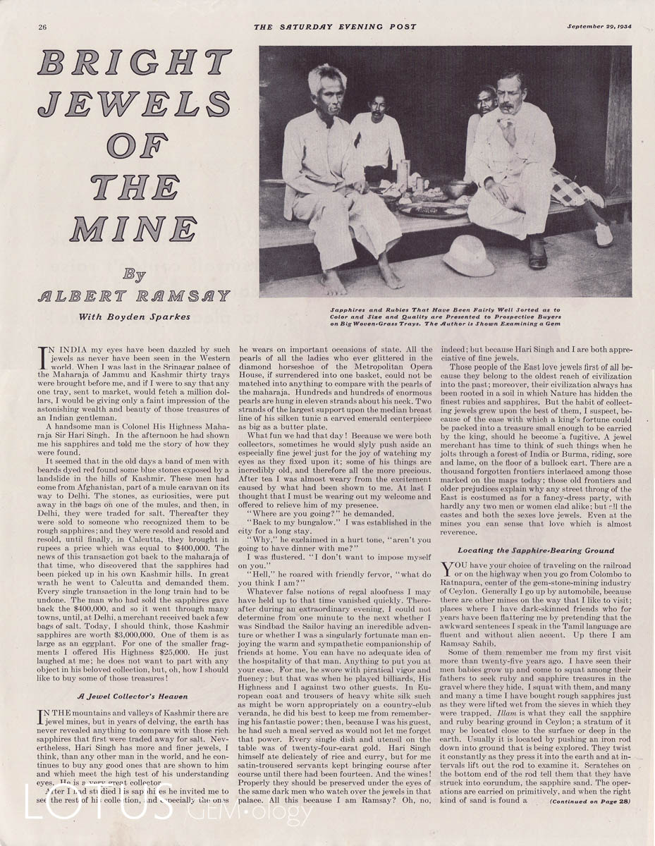 British gem cutter Albert Ramsay published a wonderful serialized account of his adventures in the gem trade in the Saturday Evening Post. Original copies of these articles are quite scare, in part because the magazine covers themselves are considered collectable. Click on a photo for a larger image.
