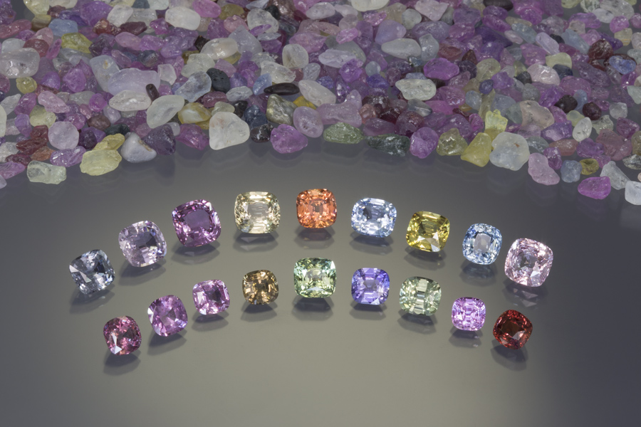Faceted sapphire from Ilakaka, Madagascar from a Lotus Gemology client, along with rough sapphire from the Lotus Gemology reference collection. A good reference collection is a must for a good gem lab.