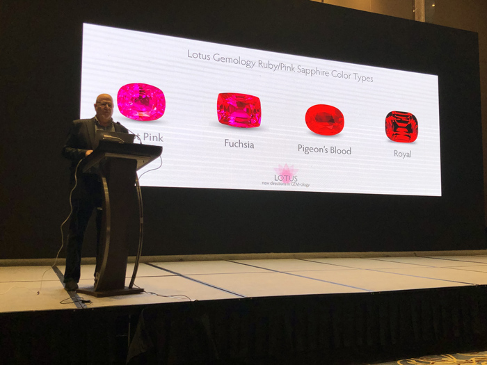 Lotus Gemology's Richard Hughes is one of the world's best known gemologists and has lectured around the world. Here he delivers an address on the colors of ruby and sapphire in Wuhan, China in May 2019. Lotus gemologists are much in demand as speakers.