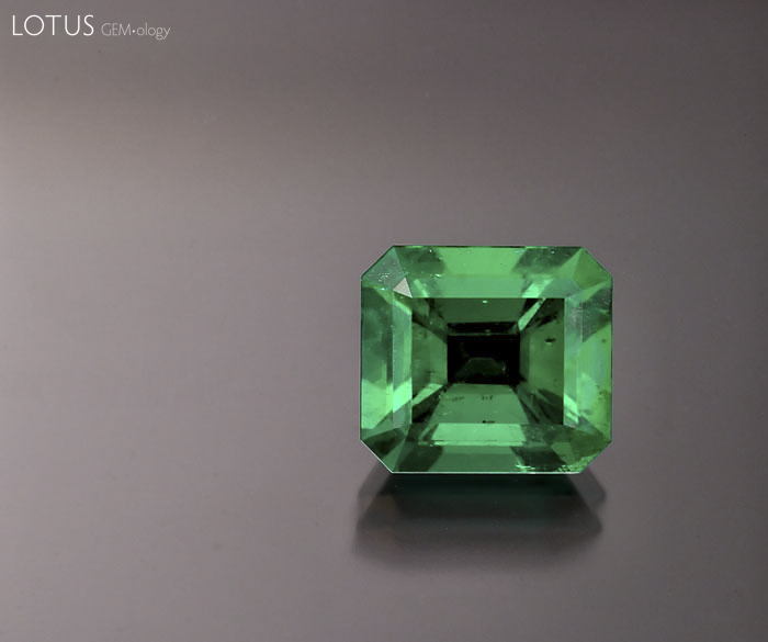 Figure 5. Emerald was once thought to be colored solely by chromium; indeed, many gemologists argued that the definition of emerald must include the presence of chromium. When vanadium-colored emeralds were discovered, the problem with this definition was clearly revealed. In reality, jewelers have no easy way of determining a gem's coloring agent. What they do have are eyes that can see green in a variety of nuances. Gemology cannot live solely in a test-tube environment. It must take into account commercial realities and aesthetic factors. Photo: Wimon Manorotkul; specimen: Palagems.com.