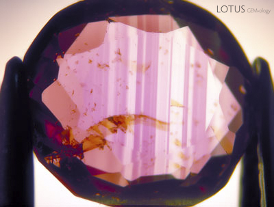 This Burmese ruby is cut so shallow that light passes straight through, revealing strong color zoning and yellow stains in feathers. In this stone, brilliance is almost entirely absent, with only a large central window and extinction near the edges being visible. Photo by the author.