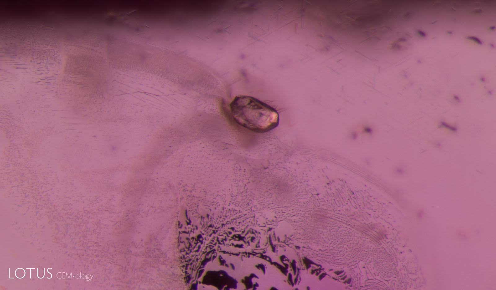 (1100°C)The fissure has further healed, producing many fine channels, while the glassy area has largely disappeared; the texture of the surface of the zircon crystal itself has also altered and become less smooth.