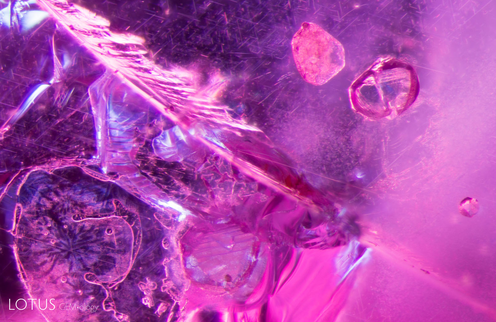 (1100°C) Significant differences appear. Large, shiny fissures have developed, and opacity changes are visible, particularly in the lower sulfide crystal, which now appears whiter and cloudier. In the background, the rutile silk is still intact.
