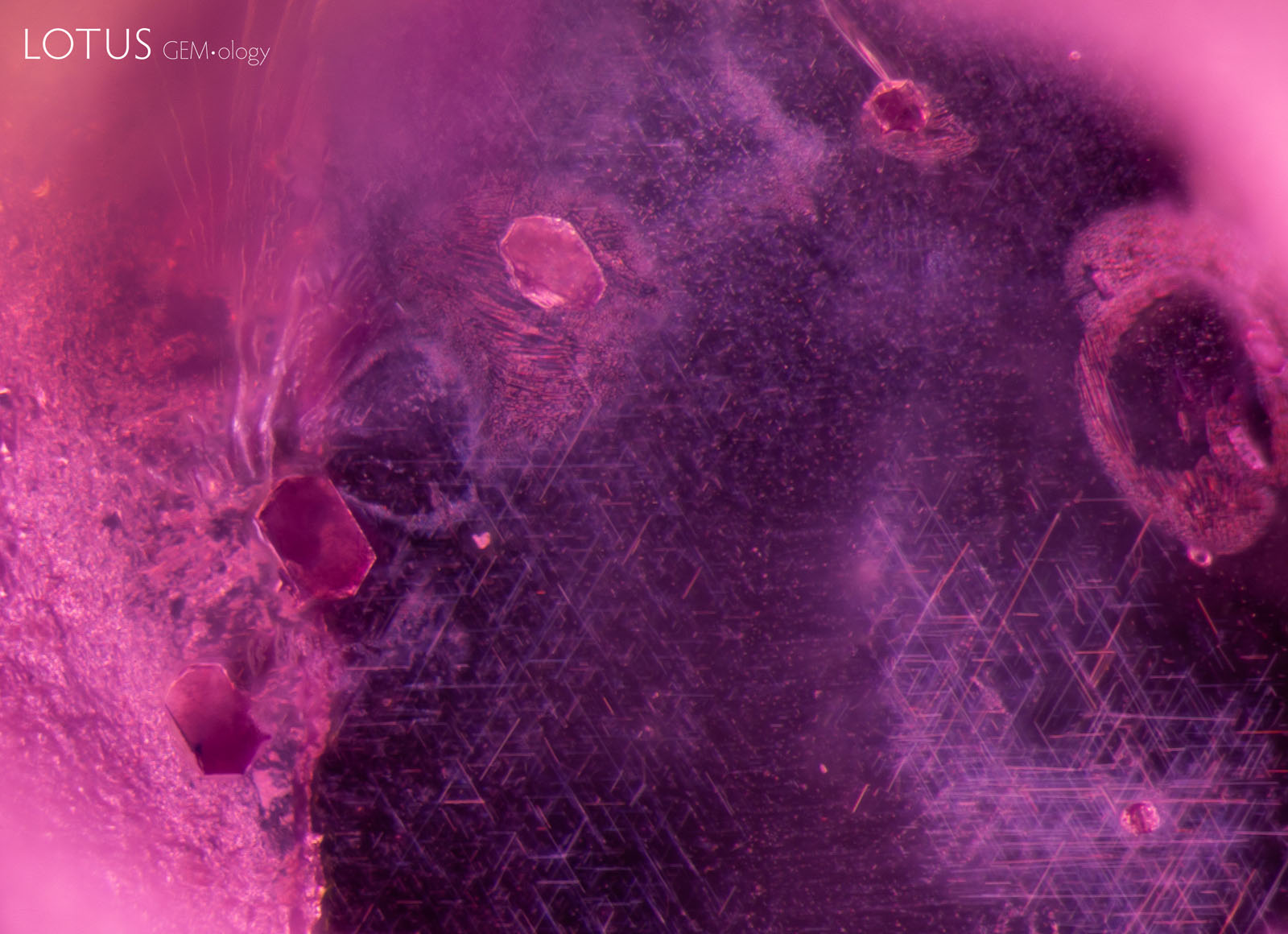 (1100°C) More changes can be noted as existing fissures have expanded and healed further. New fingerprints have developed to the right of the garnet crystal. Through four rounds of heat, the rutile silk in the background remains unaltered.