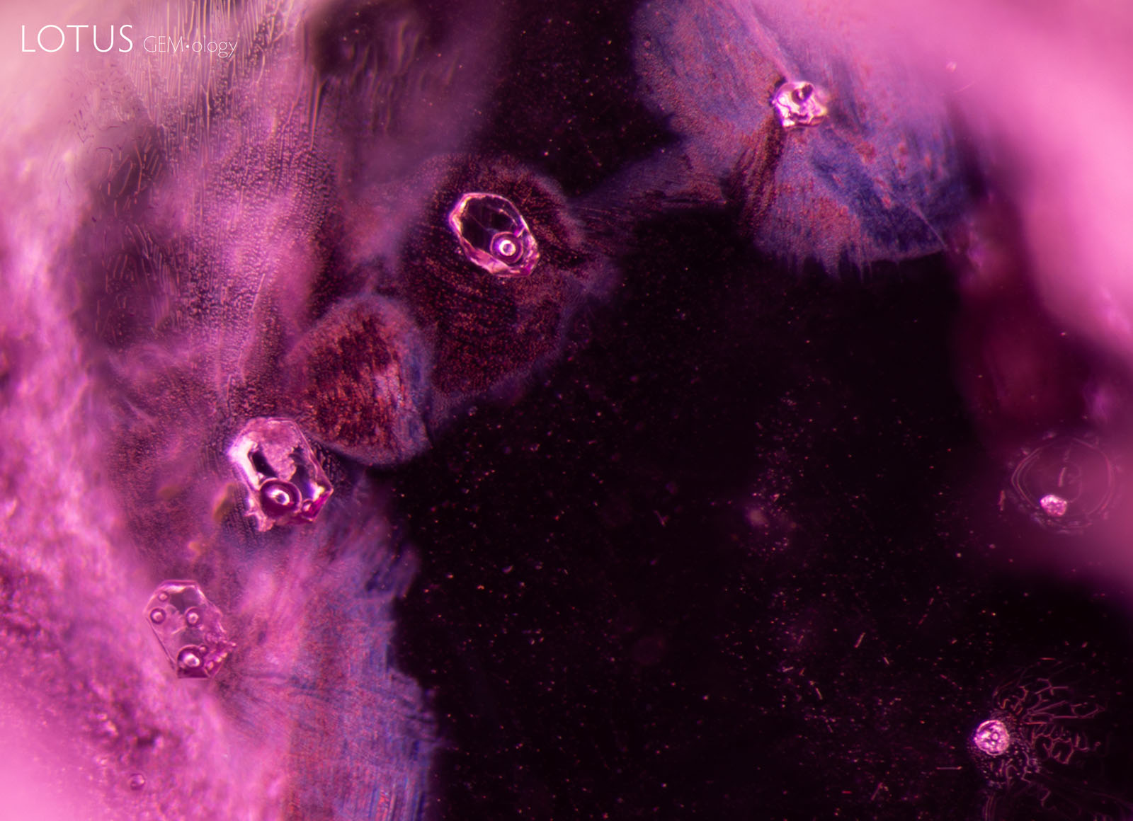 (1500°C) Fissures now show significant alteration, with cloudy areas and drippy channels. The three mica crystals on the left have become more transparent and contain several immobile gas bubbles. In the background, the rutile silk needles have altered significantly, partially dissolving into shorter, broken needles and dotted particles. The previously “silky” area appears more transparent.