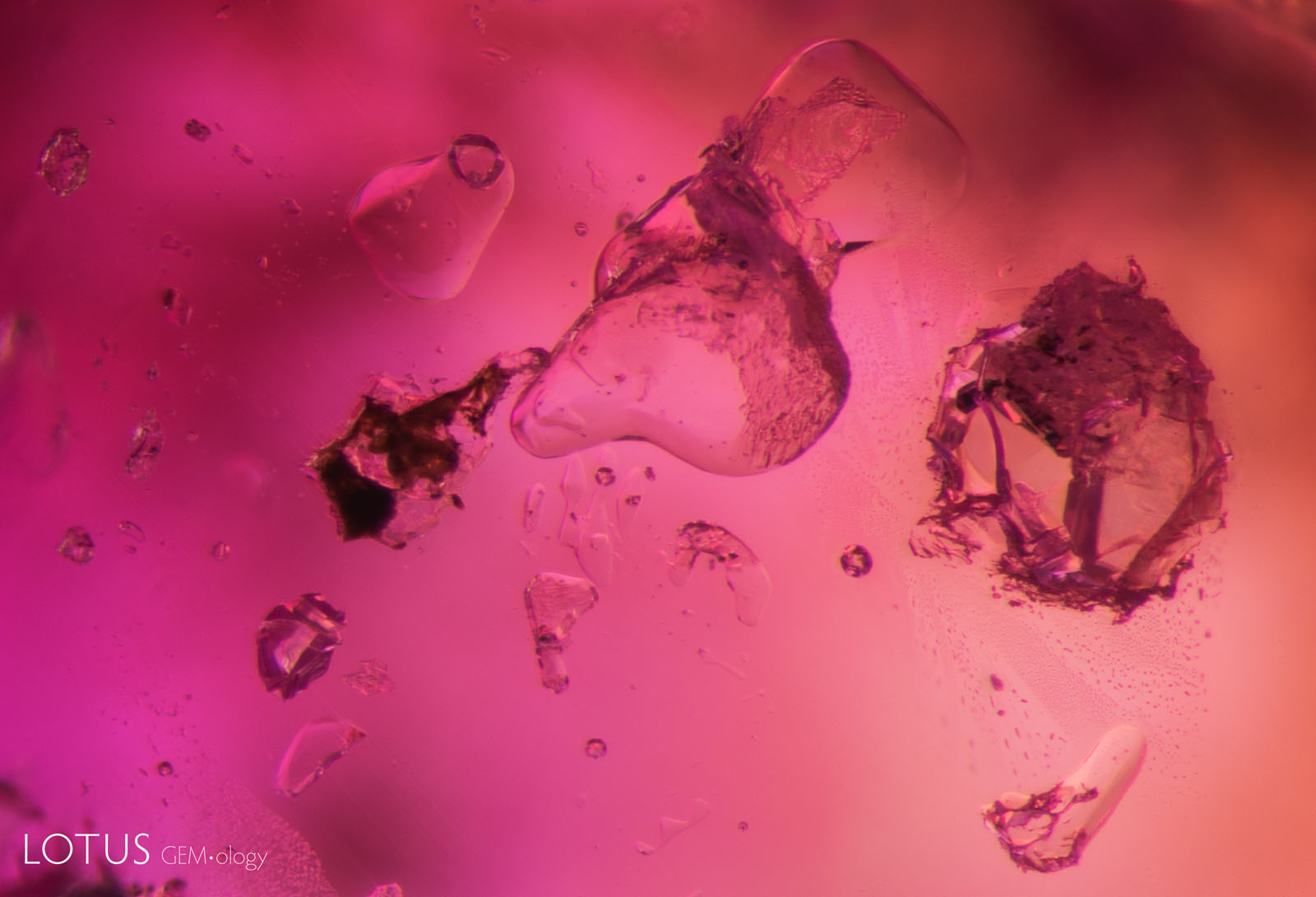 (Unheated) In sample 30, the large transparent crystal in the center is spinel, and on the right is a calcite crystal containing liquid CO2.
