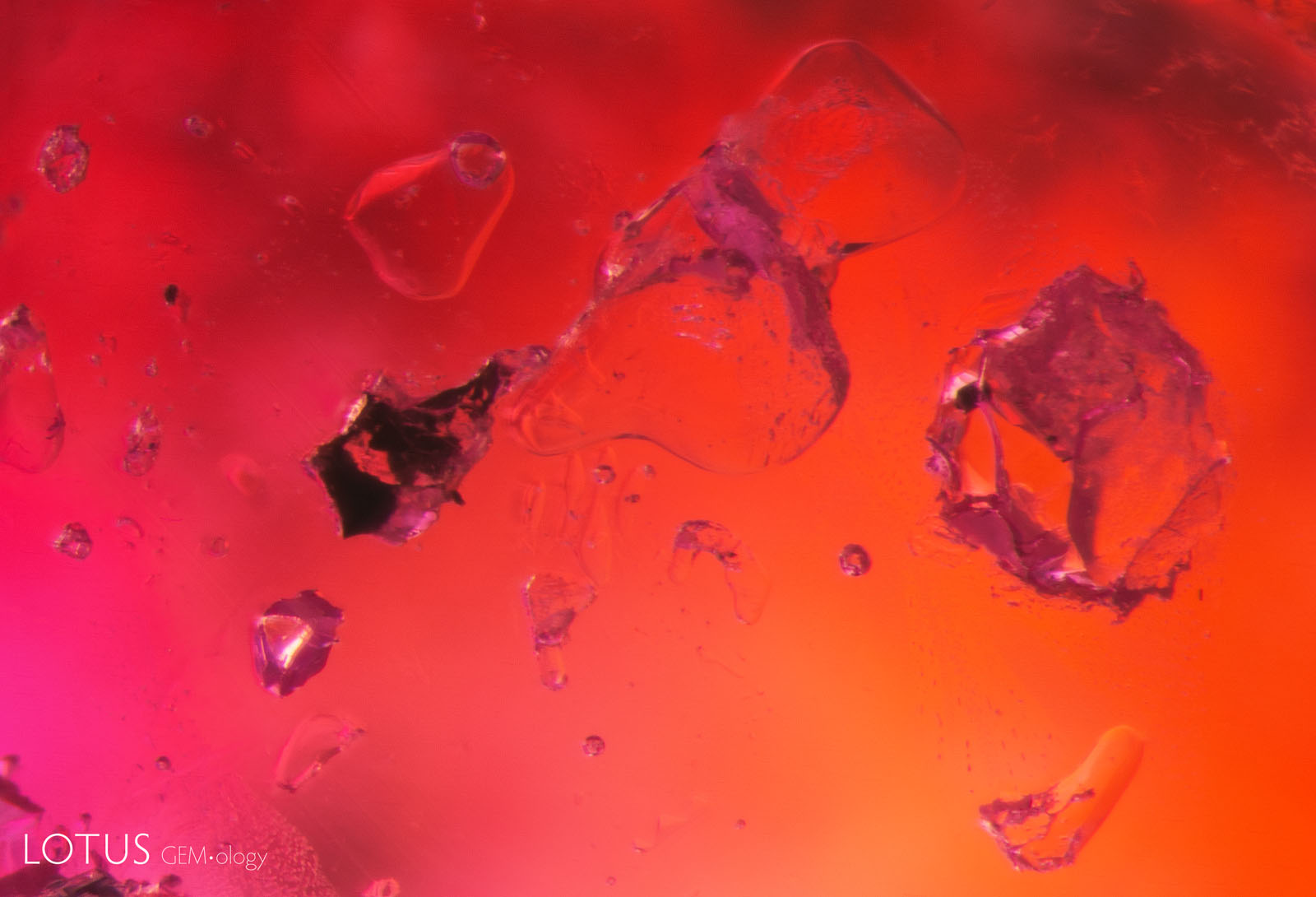 (600°C) The background color has changed dramatically because the color of the stained fissure in the background has altered significantly. The ruby’s bodycolor does not appear to have undergone major change.