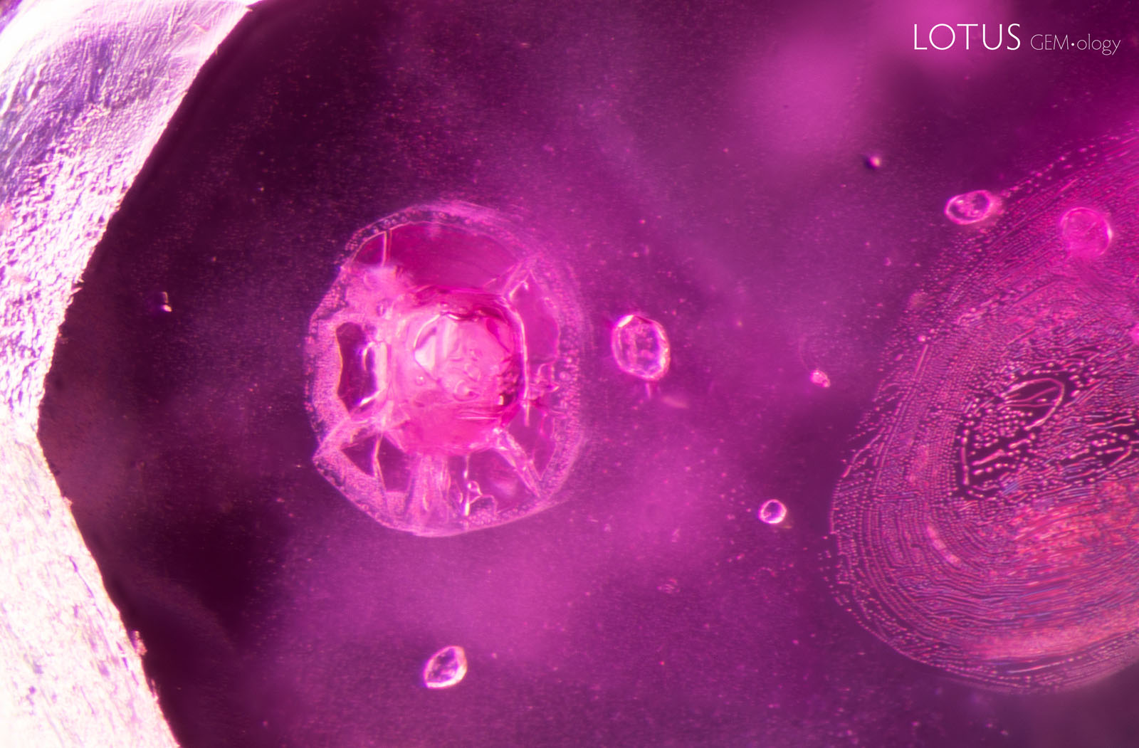 (1500°C) After heating to 1500°C, the apatite crystal has developed a partially healed fracture around it and become more whitish and opaque. The zircon crystal to the right of it has developed a mottled appearance with a few spots in its interior. On the far right, a partially healed fissure has developed.