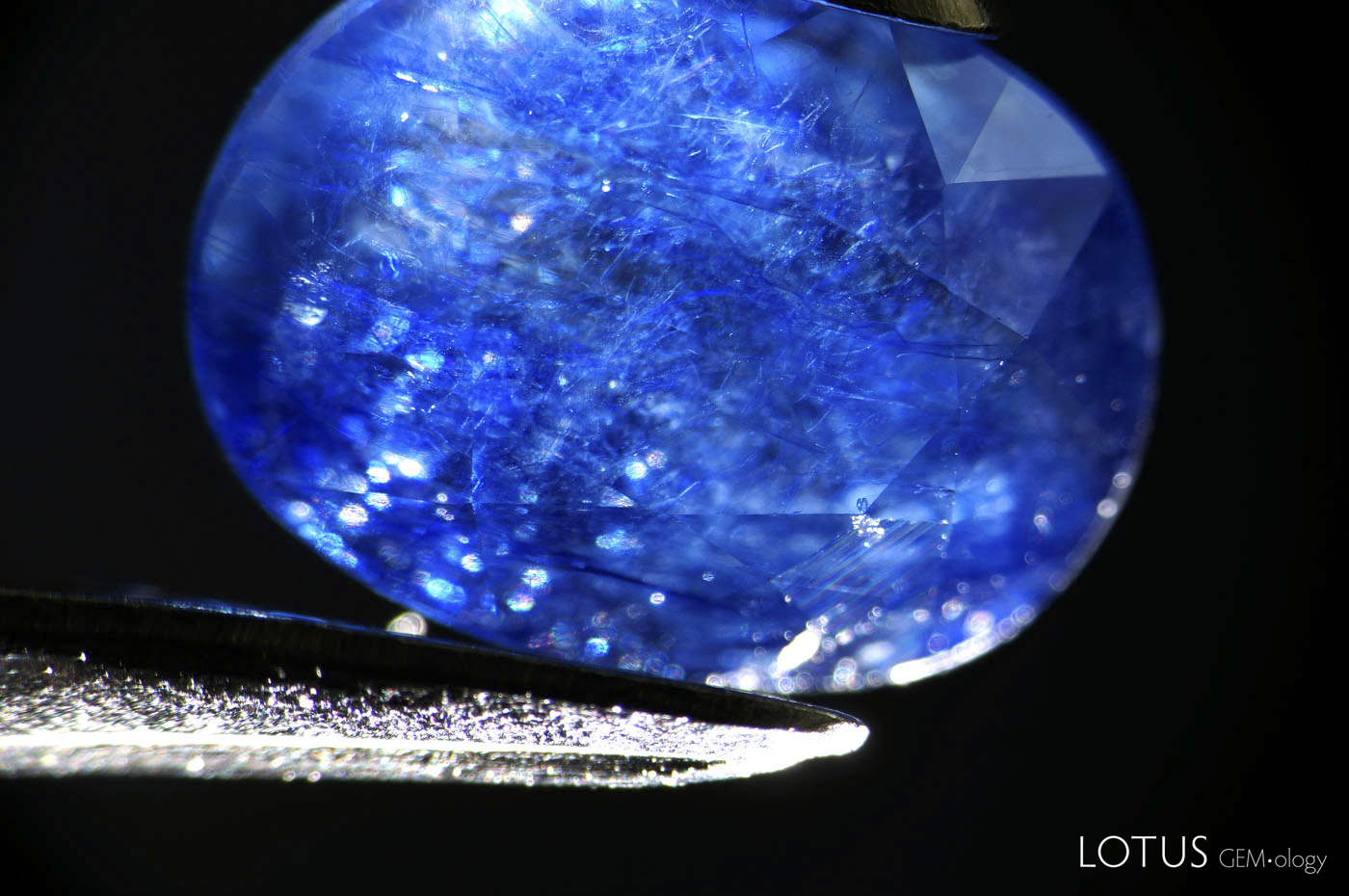 Figure 7. At low magnification the new generation stones display a roiled appearance caused by the network of glass-filled fissures. Dark-field illumination. Photo: Wimon Manorotkul