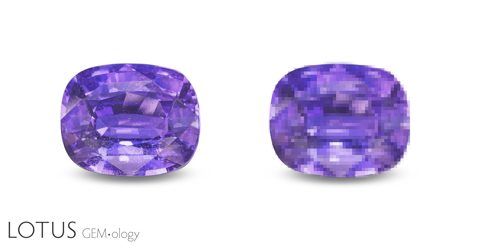 Figure 8. Faceted gemstones are not a single &ldquo;color,&rdquo; but a three-dimensional mosaics of colors that change when the eyes, gem, or light moves. To help visualize this, the author has pixelated the gem at right to reduce the actual number of colors: So, what &ldquo;color&rdquo; is it? Photo: Lotus Gemology