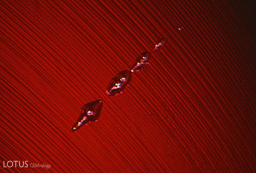 Figure 4. Elongated gas bubbles torpedo through curved striae within the depths of a Verneuil synthetic ruby. Photo &copy; John I. Koivula/microWorld of Gems.