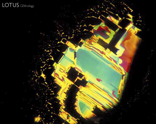 Figure 5. Rectangular symmetry A fingerprint in a Sri Lankan sapphire. Here the fingerprint has formed along a prism face (parallel to the c axis), and so the healed (dark) areas show rectangular (90&deg;) outlines, indicating the two-fold symmetry at right angles to the c axis. Photo &copy; Richard W. Hughes