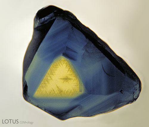 Figure 6. Outer triangulation&hellip; A thin polished slice of an Australian sapphire, looking parallel to the c-axis (parallel to the prism faces. The three-fold symmetry is clearly visible. Photo &copy; Richard W. Hughes