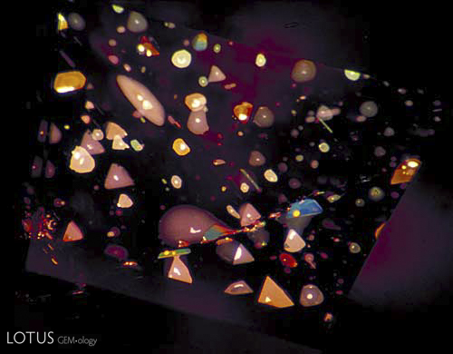 Figure 7. &hellip;equals inner triangulation Decrepitation halos surround minute primary negative crystals in the pinacoidal plane of a basaltic Thai/Cambodian ruby, creating a sea of highly characteristic thin-film fluid inclusions. One can clearly see the three-fold symmetry of these distinctive features. Photo &copy; Richard W. Hughes
