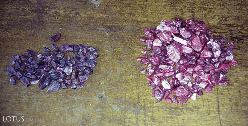 Figure 4. Mong Hsu ruby before and after heat treatment Mong Hsu ruby before (left) and after (right) heat treatment. This clearly shows that most Mong Hsu ruby is not a viable gem without heat treatment. Photo: R.W. Hughes