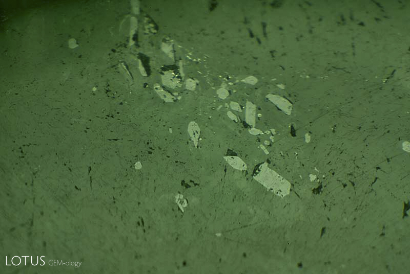 The same group of zircons seen in reflected light breaking the surface and displaying high luster. Note also the small (black) pits and microfractures, which suggest bleaching