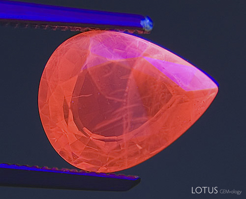 Figure 16. Going without Another heat-treated and flux-healed ruby from M&ouml;ng Hsu, Burma. Thin, zoned patches of chalky blue fluorescence float atop the chromium-based red body fluorescence. These chalky blue zones are a strong indication of high-temperature heat treatment, but are masked by the red fluorescence and therefore difficult to see. SW UV. Photo: Richard W. Hughes; Nikon D70