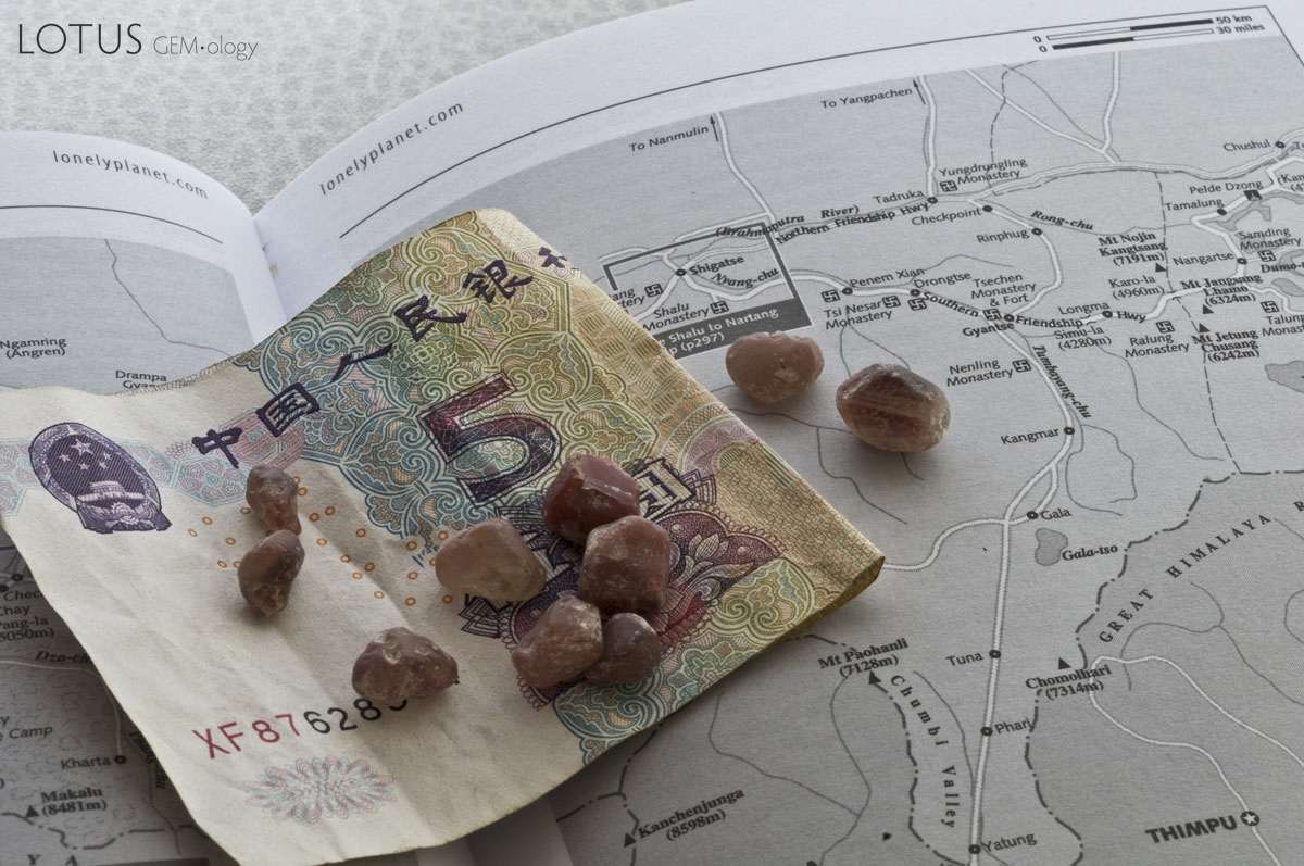 Figure 13. A sampling of andesines hand-collected by us in the Yu Lin Gu valley. Photo: Wimon Manorotkul