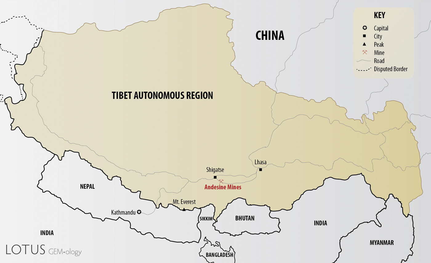 Figure 1. Map of Tibet, showing the location of the andesine mines.&nbsp;Map: Richard W. Hughes