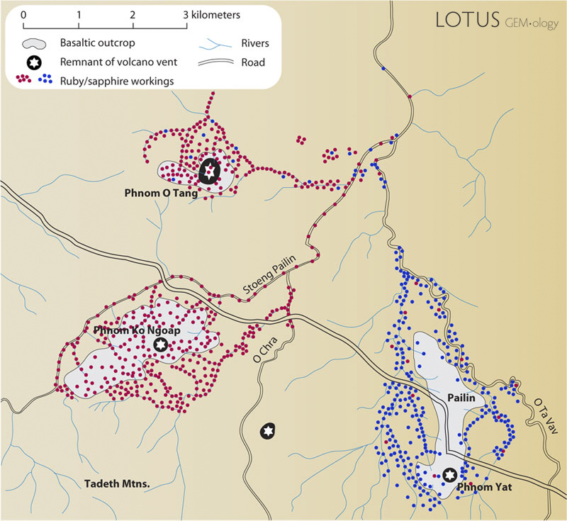 Map of Pailin's ruby & sapphire deposits. Map &copy; Richard W. Hughes (after Jobbins and Berrang&eacute;, 1981).