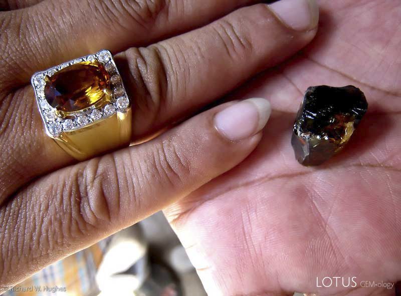 Highly sought-after "Mekong Whiskey" yellow sapphires from Bang Kha Cha near Chanthaburi. Such stones are increasingly scarce as the mines are nearly depleted. Photo &copy; Richard W. Hughes.