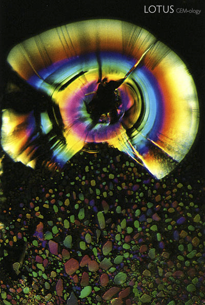 The iridescent aura of a stress fracture extends outward from a solid inclusion, while an audience of liquid droplets bows in reverence below. Beryl, page 326.