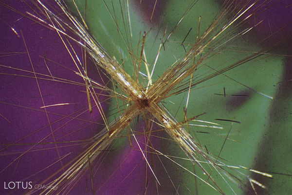 Pickup sticks Like the forces of creation captured milliseconds after combustion, twinned rutile explodes amidst a matrix of interference colors. Quartz, page 631.