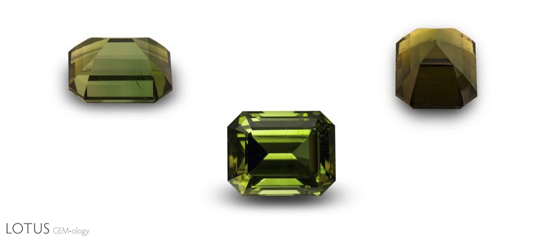 Figure 9. Pleochroism in a tourmaline cut with the c axis parallel to the table, as seen with the naked eye through the crown, side and end. Gem: Palagems.com; Photos: Wimon Manorotkul & Mia Dixon.