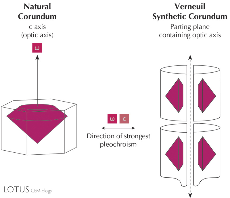 Figure 10.&nbsp;Orientation differences between natural and Verneuil synthetic corundum result in differences in pleochroism. Natural ruby and sapphire tends to be cut with the table facet perpendicular to the c axis. As a result,&nbsp;no pleochroism is visible through the table with the dichroscope. The opposite holds&nbsp;true for Verneuil synthetic corundum.