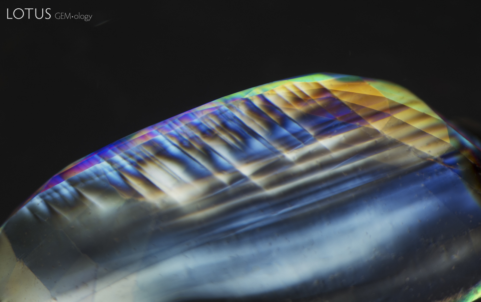 Figure 5. Sandmeier-Plato twinning is a type of polysynthetic twinning parallel to the hexagonal prism. These lines are proof of Verneuil synthetic origin. Photo taken under crossed polars while the stone was immersed in iodomethane (methylene iodide). Photo: E. Billie Hughes