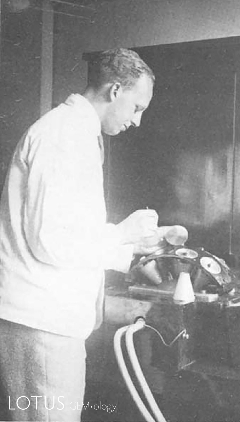 Figure 1 (left). B.W. Anderson pictured setting up pearls on the Laue diffraction cones dated in the late 1920’s.