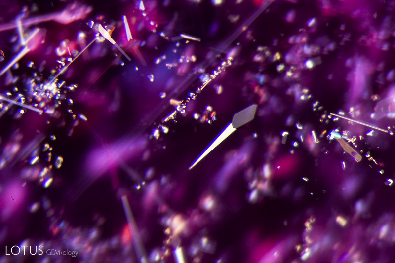 Rutile silk in ruby from Mozambique, featuring a small daughter crystal of unknown origin at the broad end. Oblique fiber-optic dark-field illumination.&nbsp;Photo: Richard W. Hughes