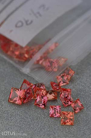Bulk-diffusion treated orange sapphires of the type described above, purchased in Bangkok by Pala International in Dec., 2001. Photo: Robert Weldon