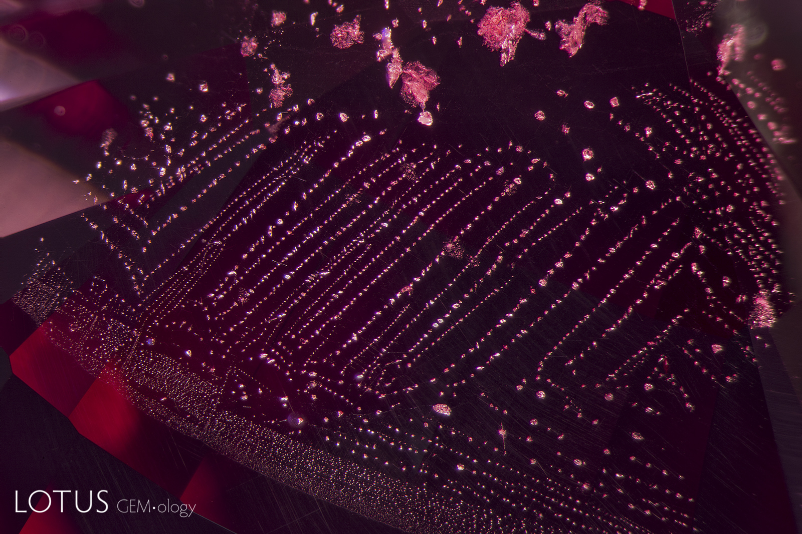 When fissures in spinel heal, they often do so in a distinctive pattern of octahedral negative crystals which align in rows according to the underlying atomic symmetry, as show in this spinel from Tanzania’s Mahenge district.