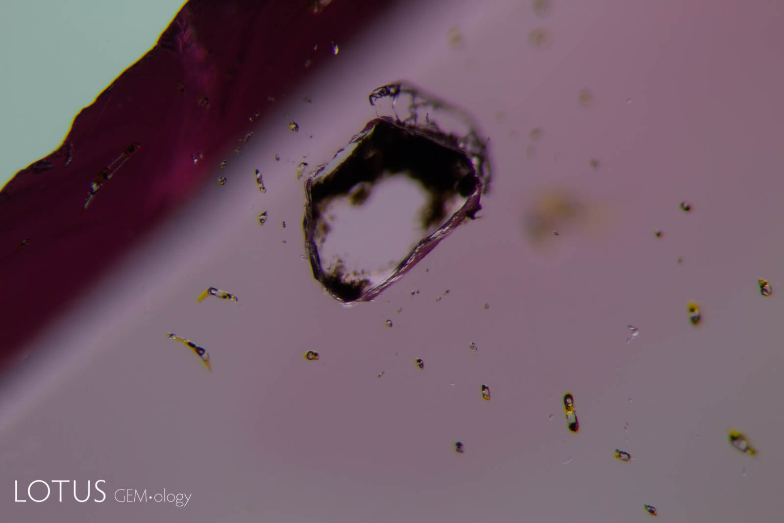 The same sulfur-rich fluid inclusion after cutting down to expose it at the surface reveals that the orange material is a fluid that has leaked out, revealing it to most likely be a hydrocarbon (like petroleum oil).