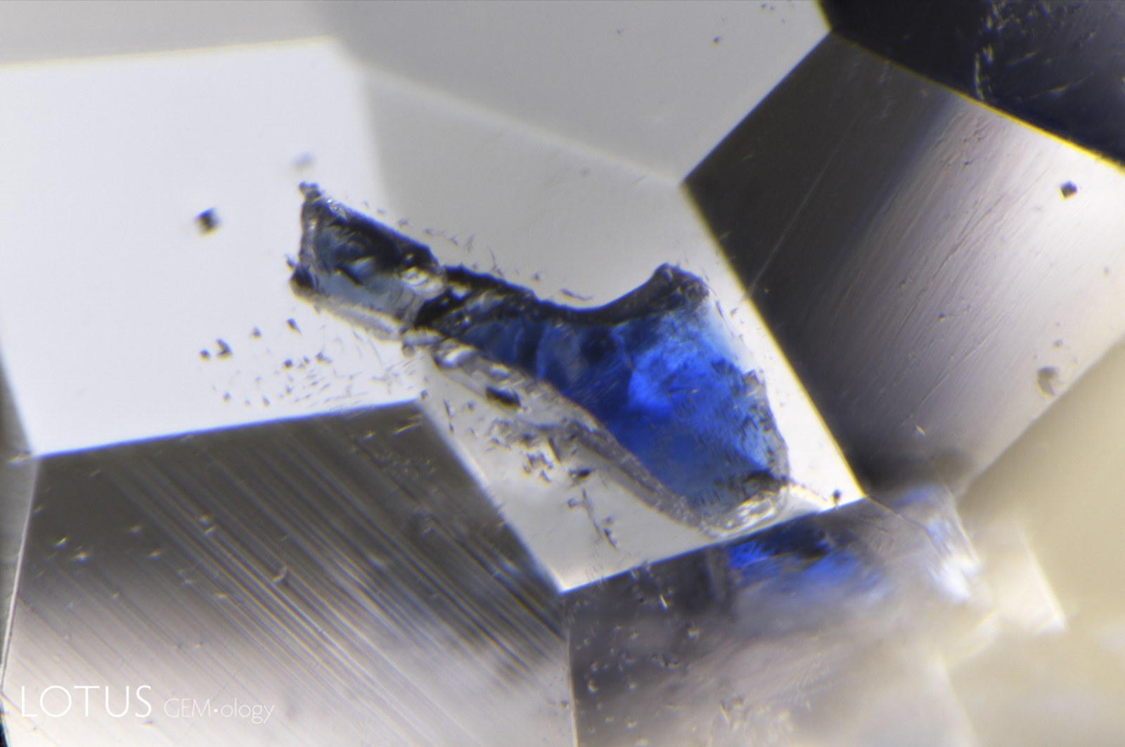 This light gray spinel from Mogok, Myanmar, contains a vibrant blue inclusion of lazurite.