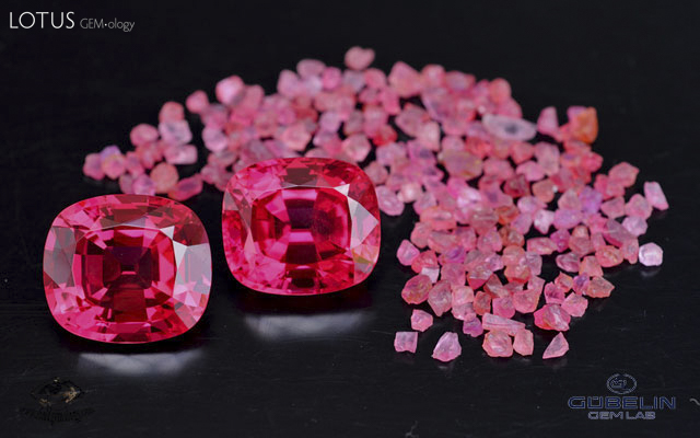Fine red spinels from Mahenge, Tanzania. These fabulous gemstones (over 20 carats each) were cut from one of the giant crystals found in August 2007 at Ipanko. Stones courtesy of Paul Wild, Idar-Oberstein. Photo: V. Pardieu/G&uuml;belin Gem Lab 2008.