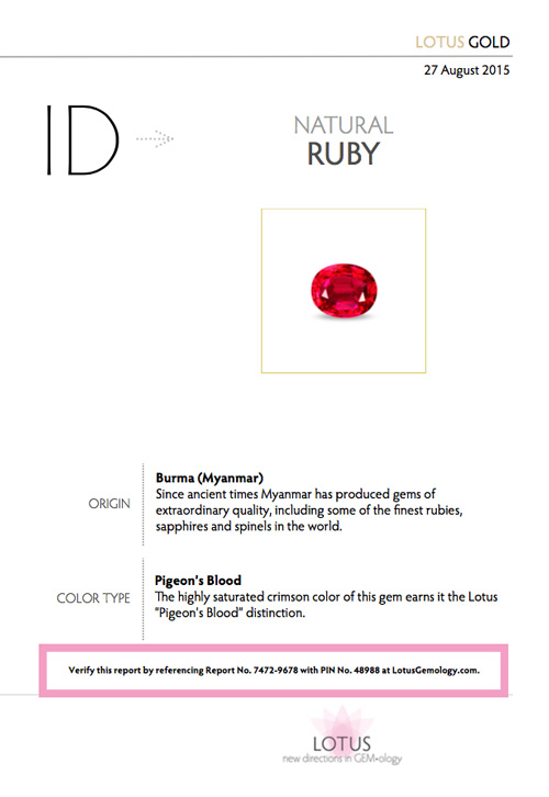 Instructions on locating the PIN and Report Number on Lotus Gemology reports.