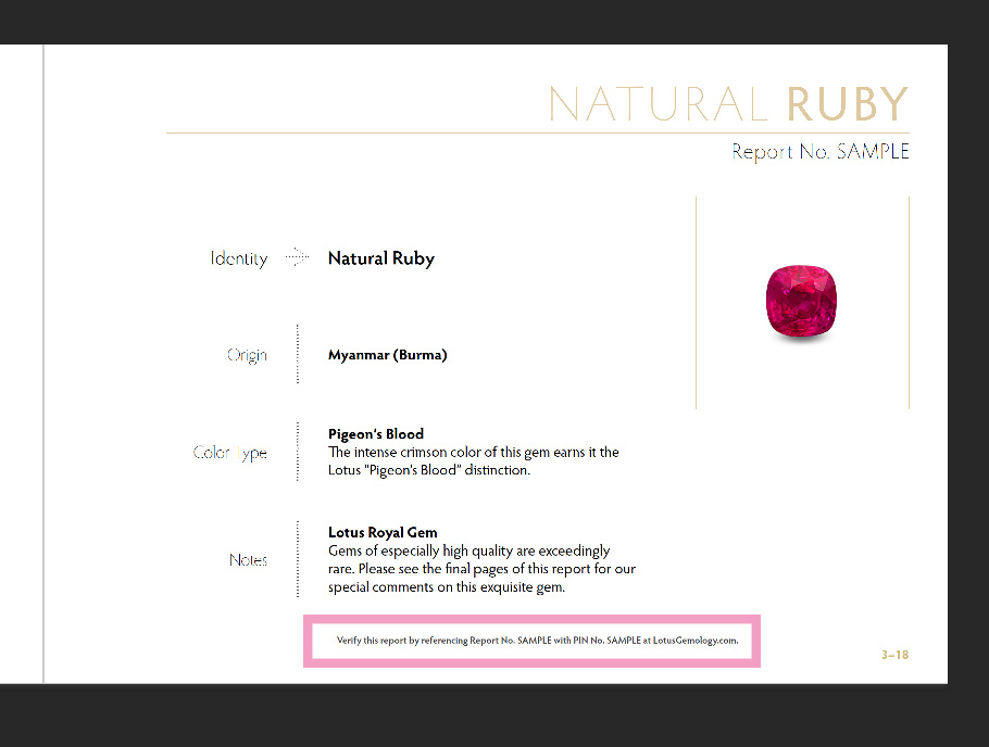Instructions on locating the PIN and Report Number on Lotus Gemology reports.