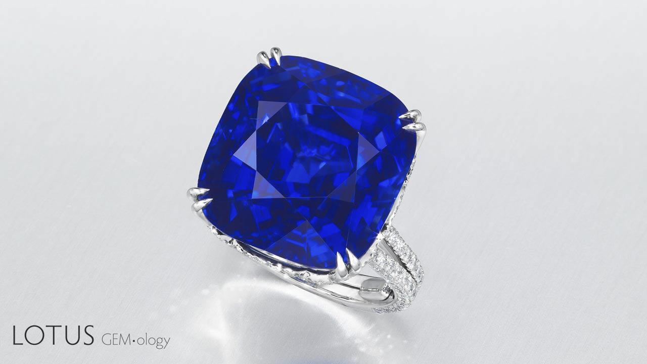 The "Jewel of Kashmir," a magnificent 27.68 ct sapphire set a new per carat auction record for sapphire on 7&nbsp;October 2015, when it sold for $6,745,688 ($243,703/ct) at Sotheby's Hong Kong. Image &copy; Sotheby's