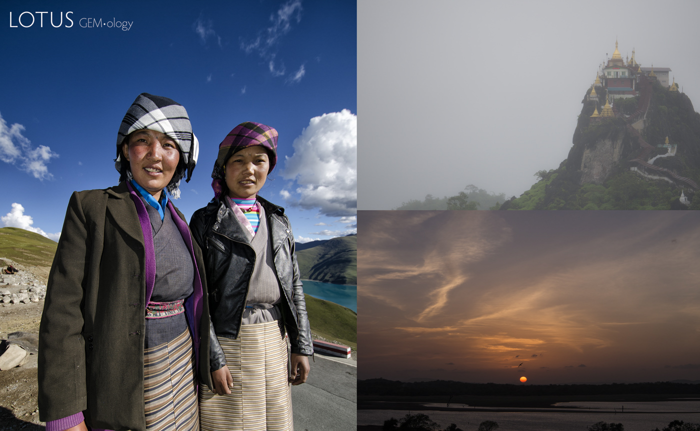 Figure 10.&nbsp;Natural light is not constant in spectral composition, but varies according to latitude, time of day, cloud and pollution conditions and whether or not one is using direct sunlight or skylight.  Left: Two ladies in Tibet, silhouetted against a deep blue sky. It is obvious that such skylight would enhance the appearance of blue stones. Top right: Fog in Myanmar&rsquo;s Mogok Stone Tract. The high moisture content gives the light a grayish cast. Bottom right: Sunset on Sri Lanka&rsquo;s western coast. While such sunlight could easily enhance the color of red and yellow stones, it should be noted that direct sunlight is rarely used for examining gems. Typically we use skylight, instead. Such skylight is actually more blue early and late in the day. Thus blue sapphires will look better at those times. Conversely, when viewed with skylight, rubies will look best around midday, because the skylight is less blue. Photos: R.W. Hughes