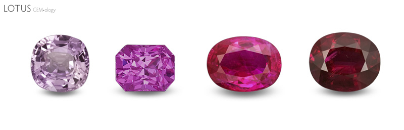 Four corundums of the same hue (red), but showing a variation in saturation and tone. Most gem dealers would classify stones 3 and 4 as rubies, while stone 1 would be a pink sapphire. Stone 2 walks the line, a ruby to some, while a mere pink sapphire to others. This clearly illustrates the problems created by overly narrow variety definitions.