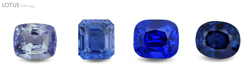 Four blue sapphires showing a variation in saturation and tone. Unlike with ruby/pink sapphire, the gem trade places all stones into the same variety, no matter what the tone/saturation range. Broad variety definitions such as this actually enhance consumer protection, because they force buyers to use their eyes, rather than looking for definitions on a gemological certificate.