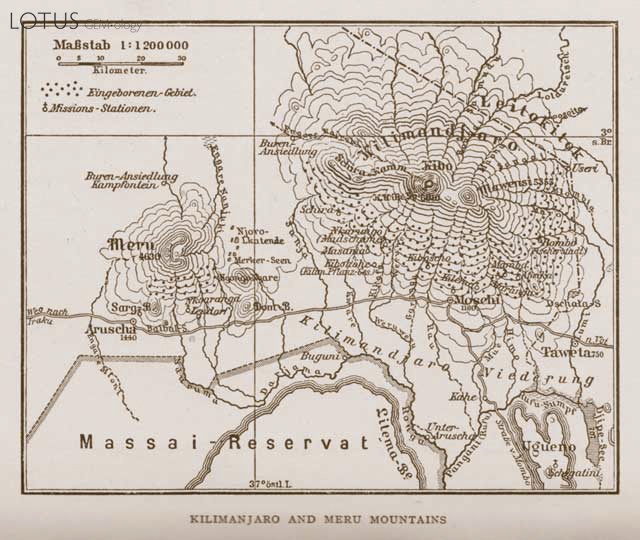 Early 20th century map of the Kilimanjaro area. The peak is easily visible from Merelani&rsquo;s tanzanite mines. From Calvert (1917); courtesy of Pala International.