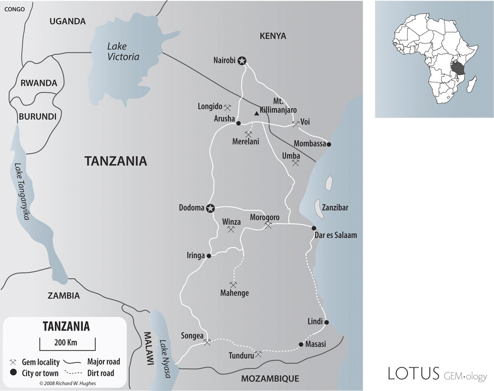 Map of Tanzania and southern Kenya, showing the major gem localities. The tanzanite mines of Merelani are located just south of Mt. Kilimanjaro. Click on the map for a larger version. Map: R.W. Hughes