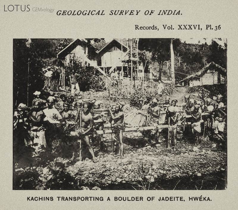 Kachins transporting a large jadeite boulder at Hweka. From Bleeck, 1908.