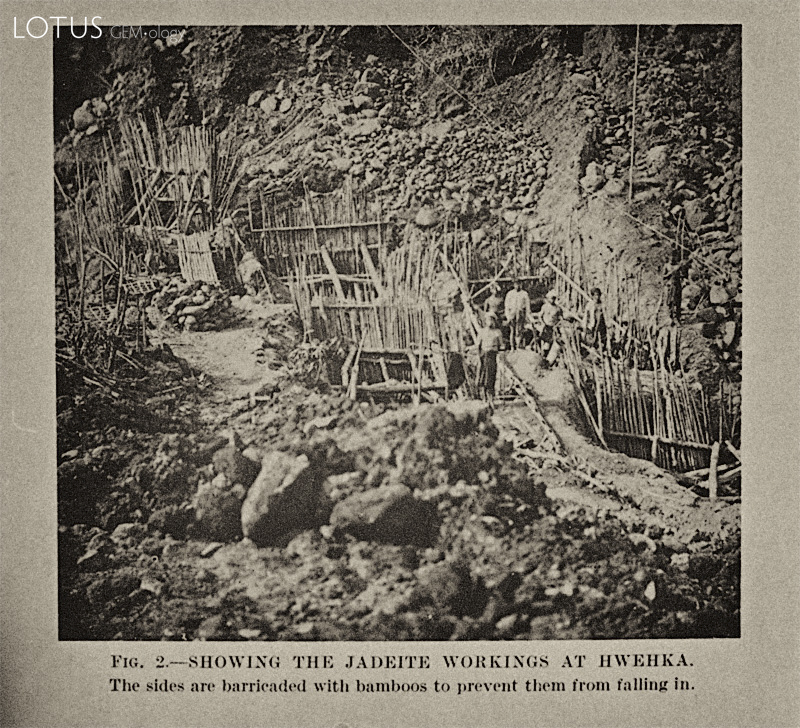 Jadeite workings&nbsp;at Hwehka, ca. 1930. (From Chhibber, 1934)
