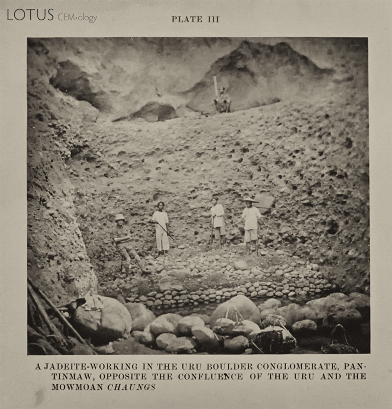 Jadeite workings in the Uru boulder conglomerate, Pantinmaw, opposite the confluence of the Uru and Mawmoan chaungs, ca. 1930. (From Chhibber, 1934)