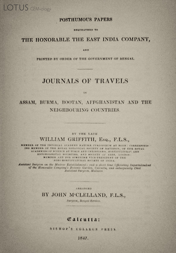 Title page of William Griffith's posthumously published&nbsp;Travels, which includes his account of Burma's jade mines.