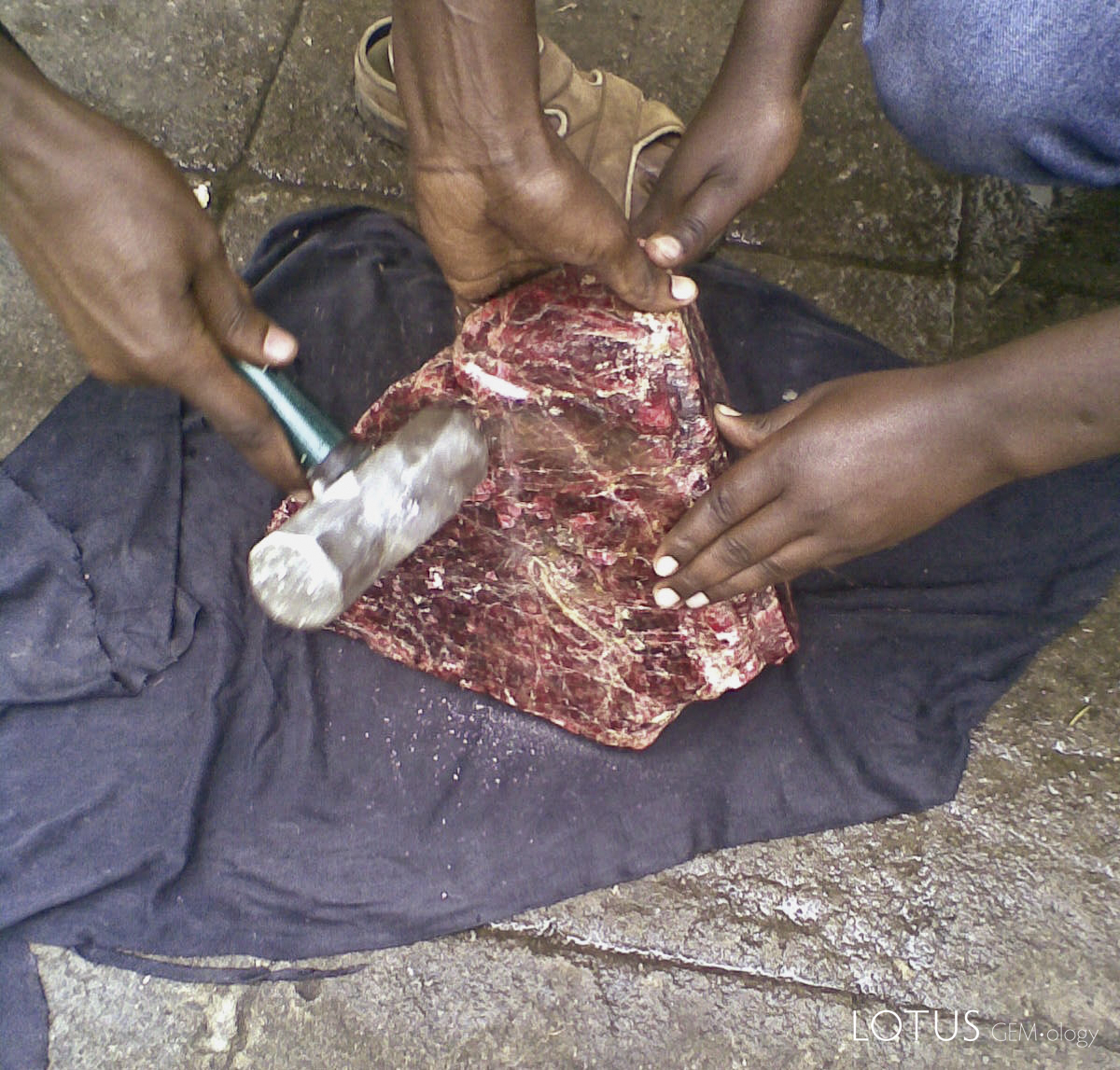 This incredible 52-kg crystal of spinel was discovered in the summer of 2007 at Mahenge's Joel Box. So big, it was split into smaller pieces for easier transport. The resulting stones from this and a number of other giant spinels found at the same time set off a spinel boom that continues to this day. Photo courtesy of David Weinberg, Multicolourgems.com